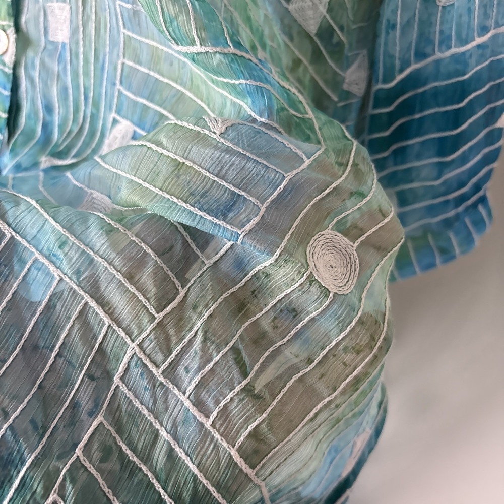 Ali Miles Women's Sz 1X Button up Tunic Top Green Blue Geometric Artsy sheer - Picture 5 of 11